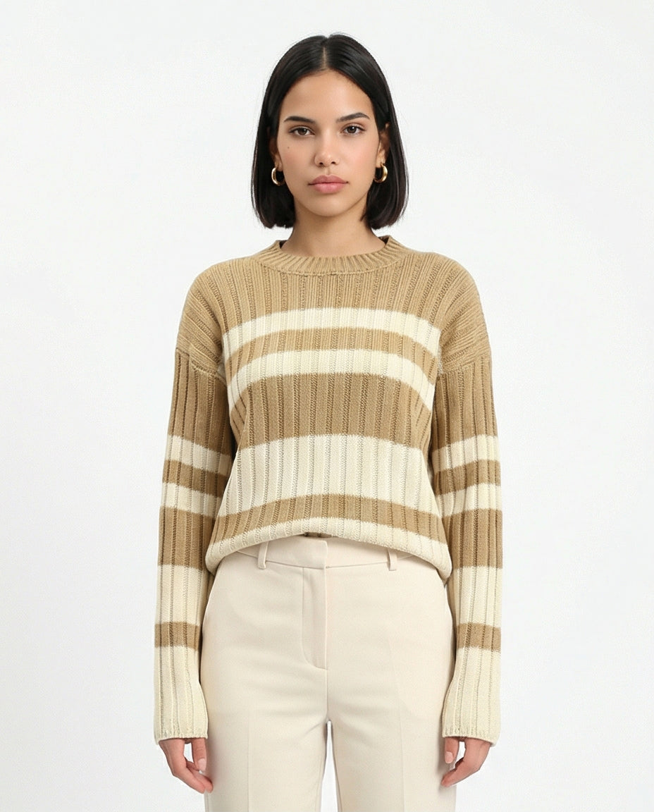 Ribbed Crew Neck Striped Pullover - Light Brown & White