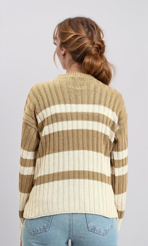 R215286 - Ribbed Crew Neck Striped Pullover - Light Brown & White