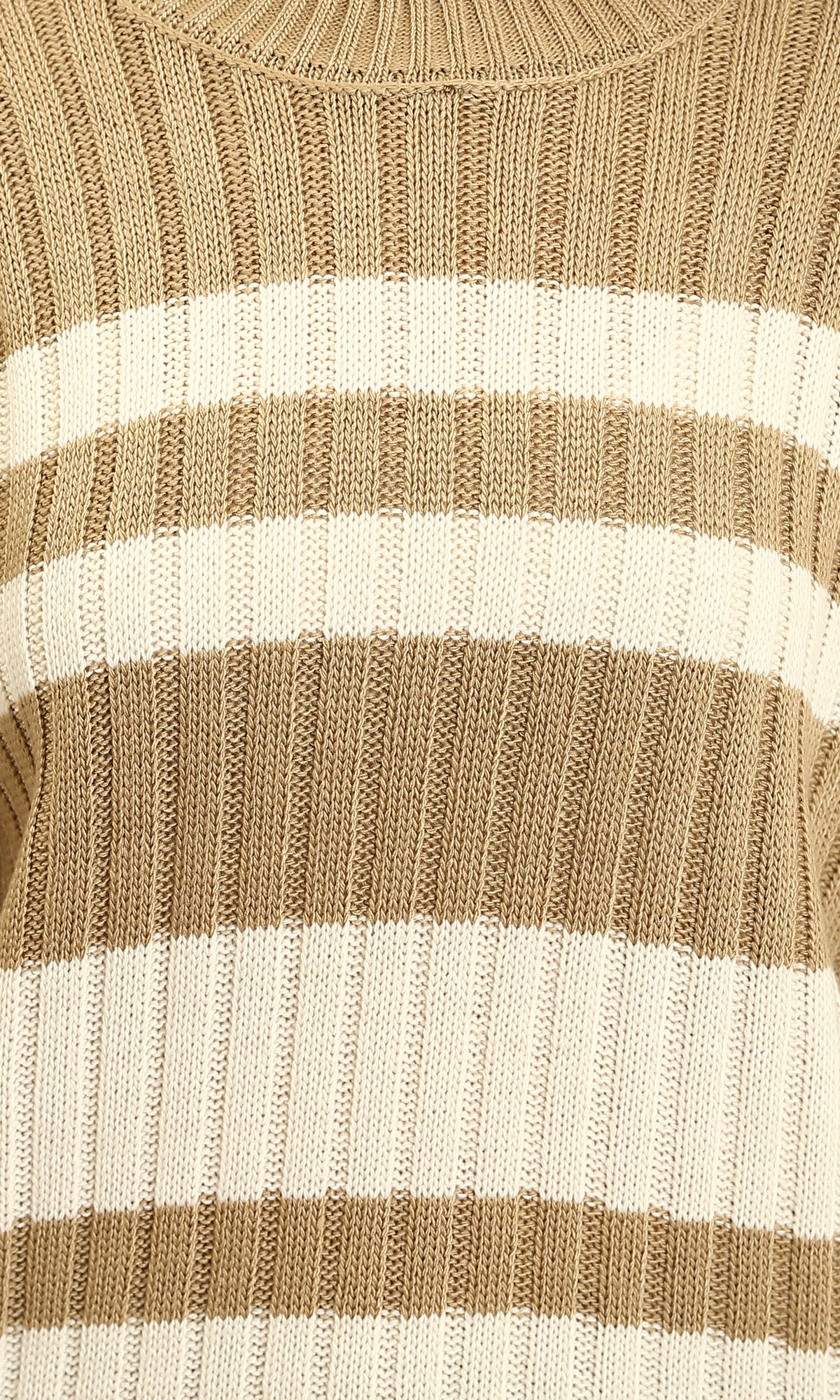 R215286 - Ribbed Crew Neck Striped Pullover - Light Brown & White