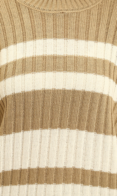 R215286 - Ribbed Crew Neck Striped Pullover - Light Brown & White