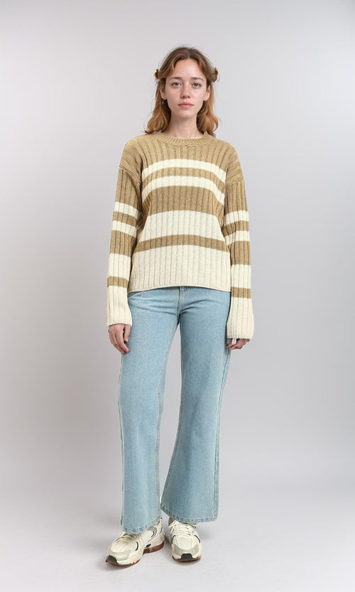 R215286 - Ribbed Crew Neck Striped Pullover - Light Brown & White