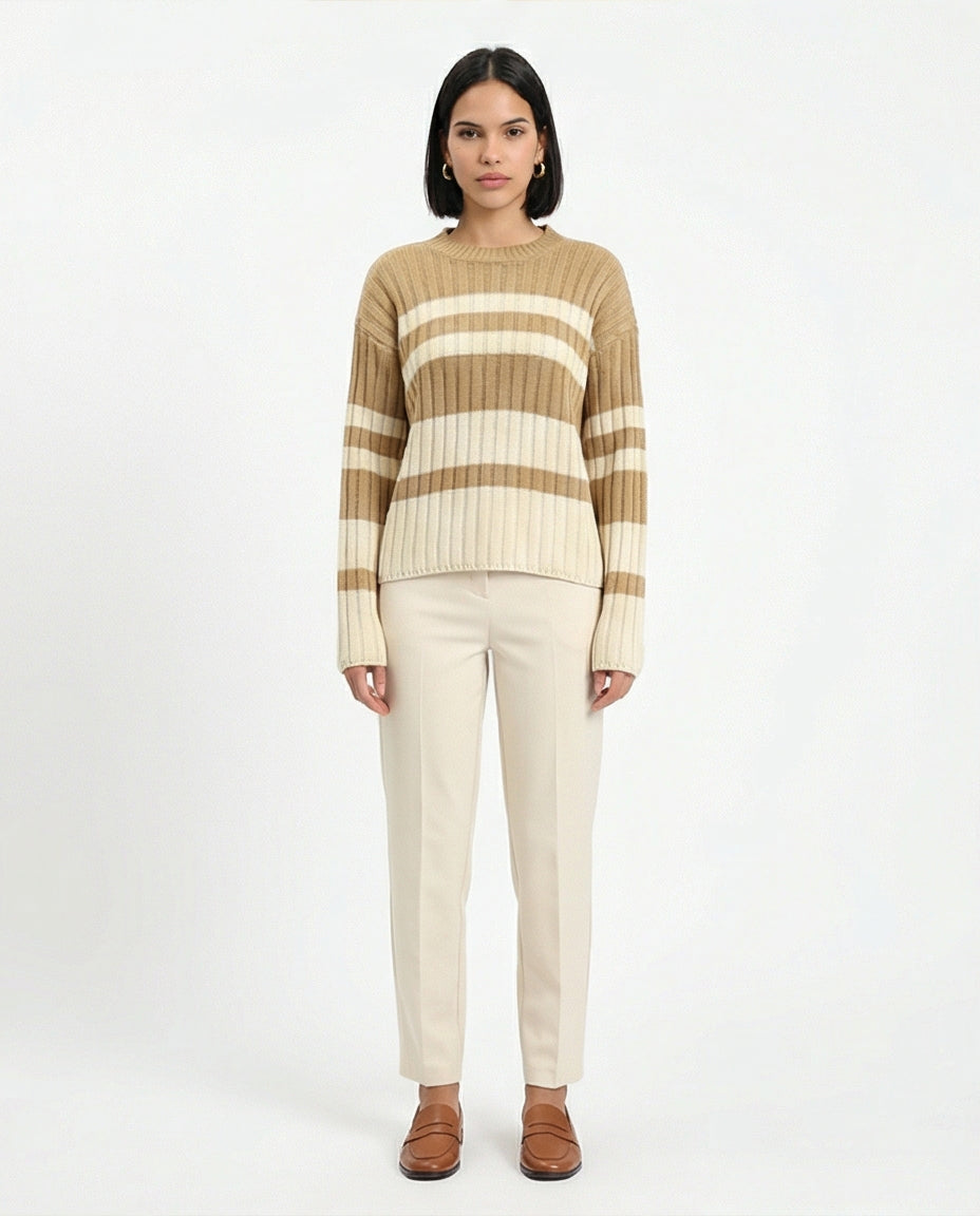 R215286 - Ribbed Crew Neck Striped Pullover - Light Brown & White