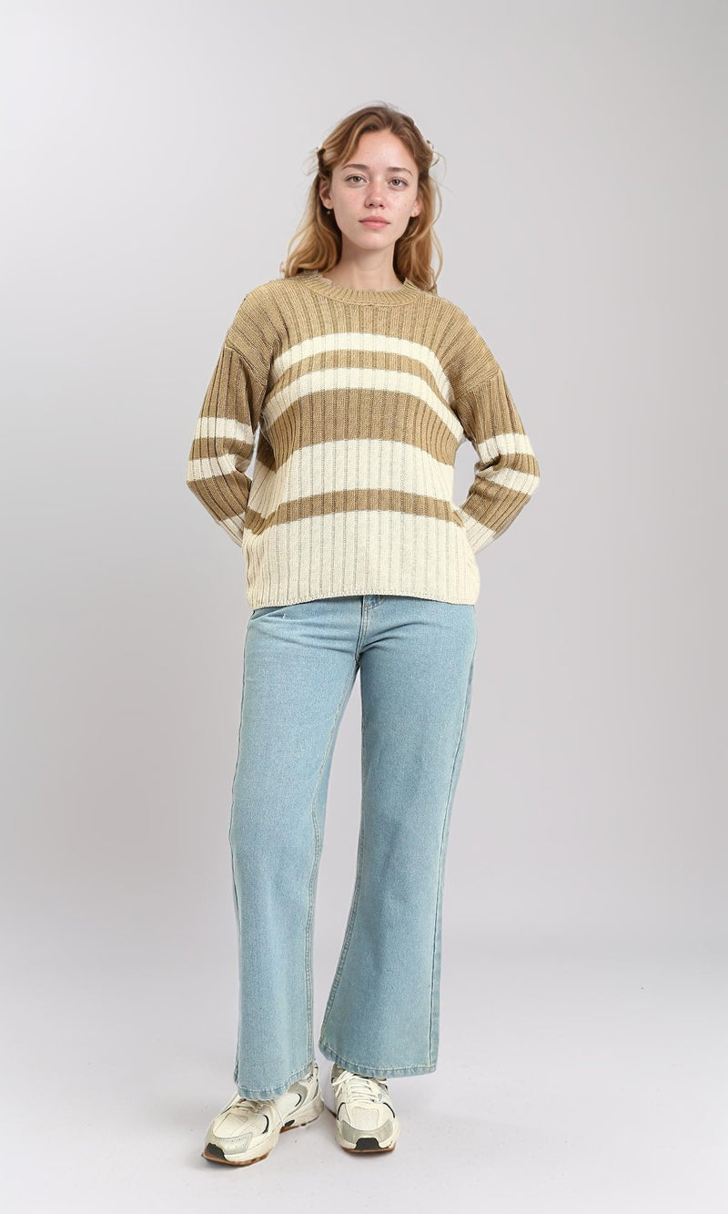 R215286 - Ribbed Crew Neck Striped Pullover - Light Brown & White