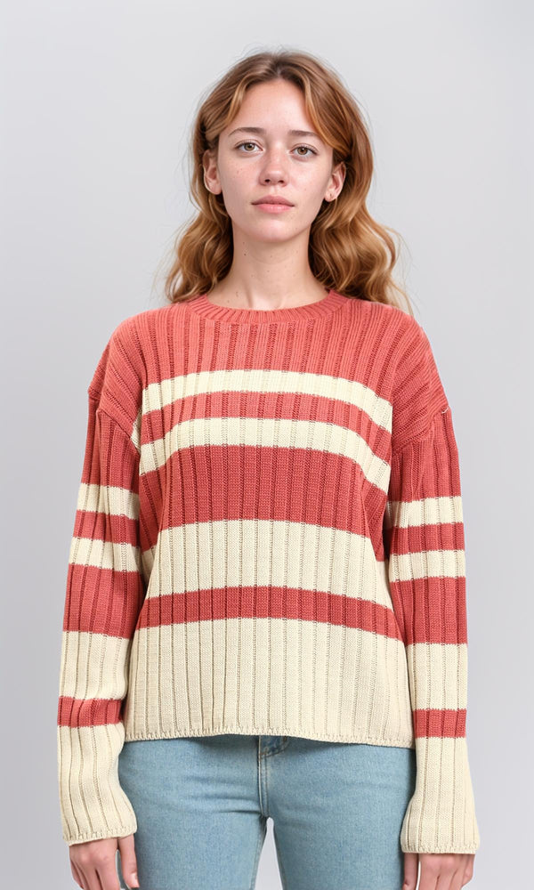R215287 - Ribbed Crew Neck Striped Pullover - Watermelon & White