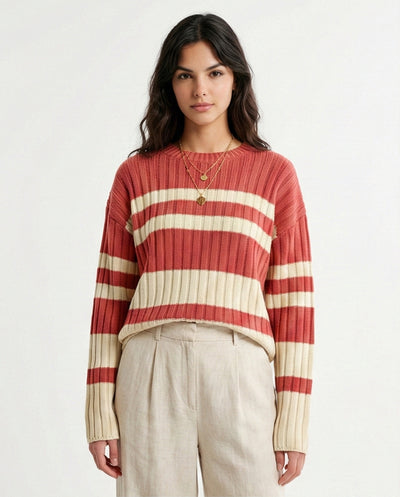 Ribbed Crew Neck Striped Pullover - Watermelon & White