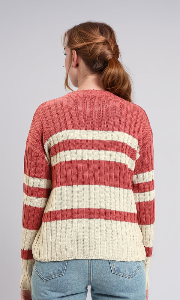 R215287 - Ribbed Crew Neck Striped Pullover - Watermelon & White