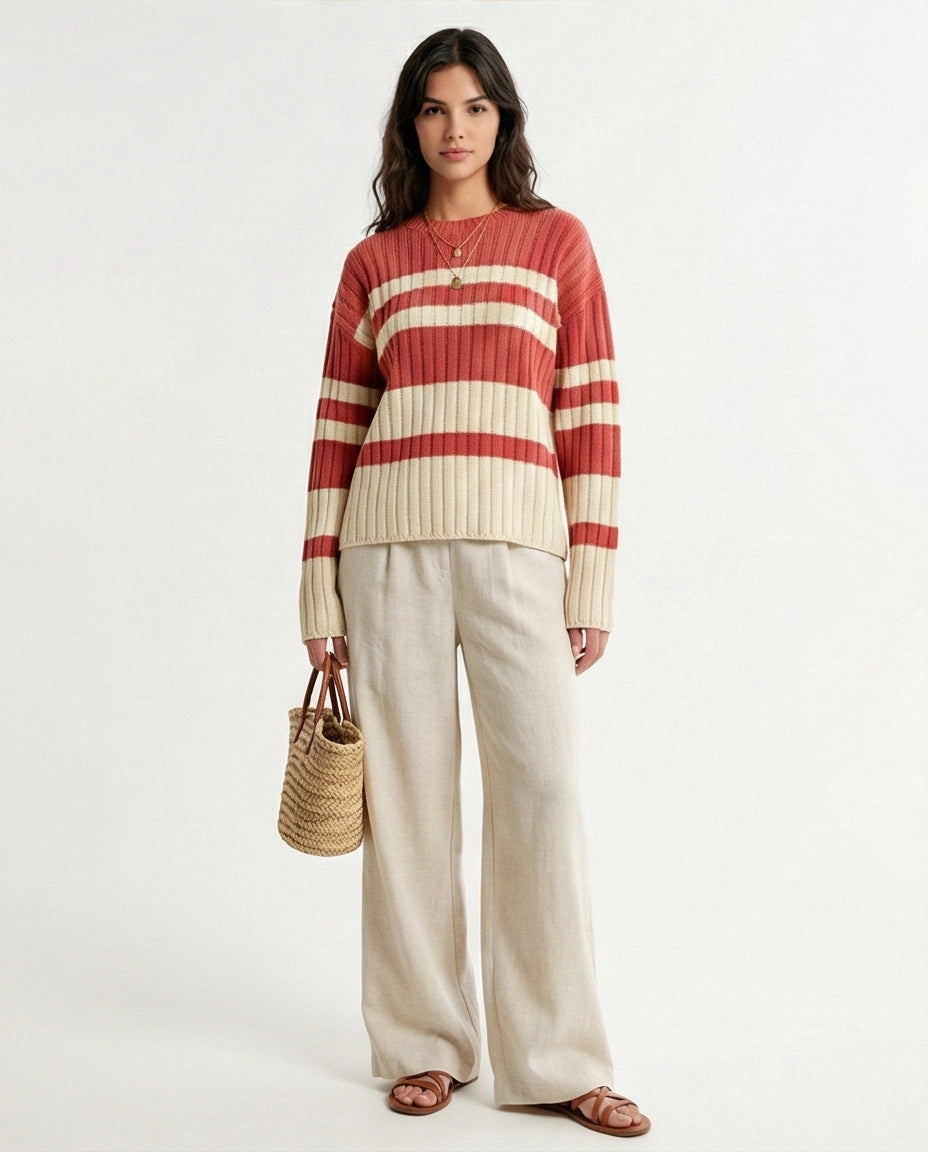 Ribbed Crew Neck Striped Pullover - Watermelon & White - R215287