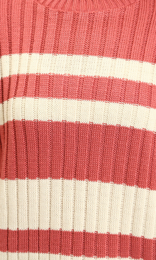 R215287 - Ribbed Crew Neck Striped Pullover - Watermelon & White