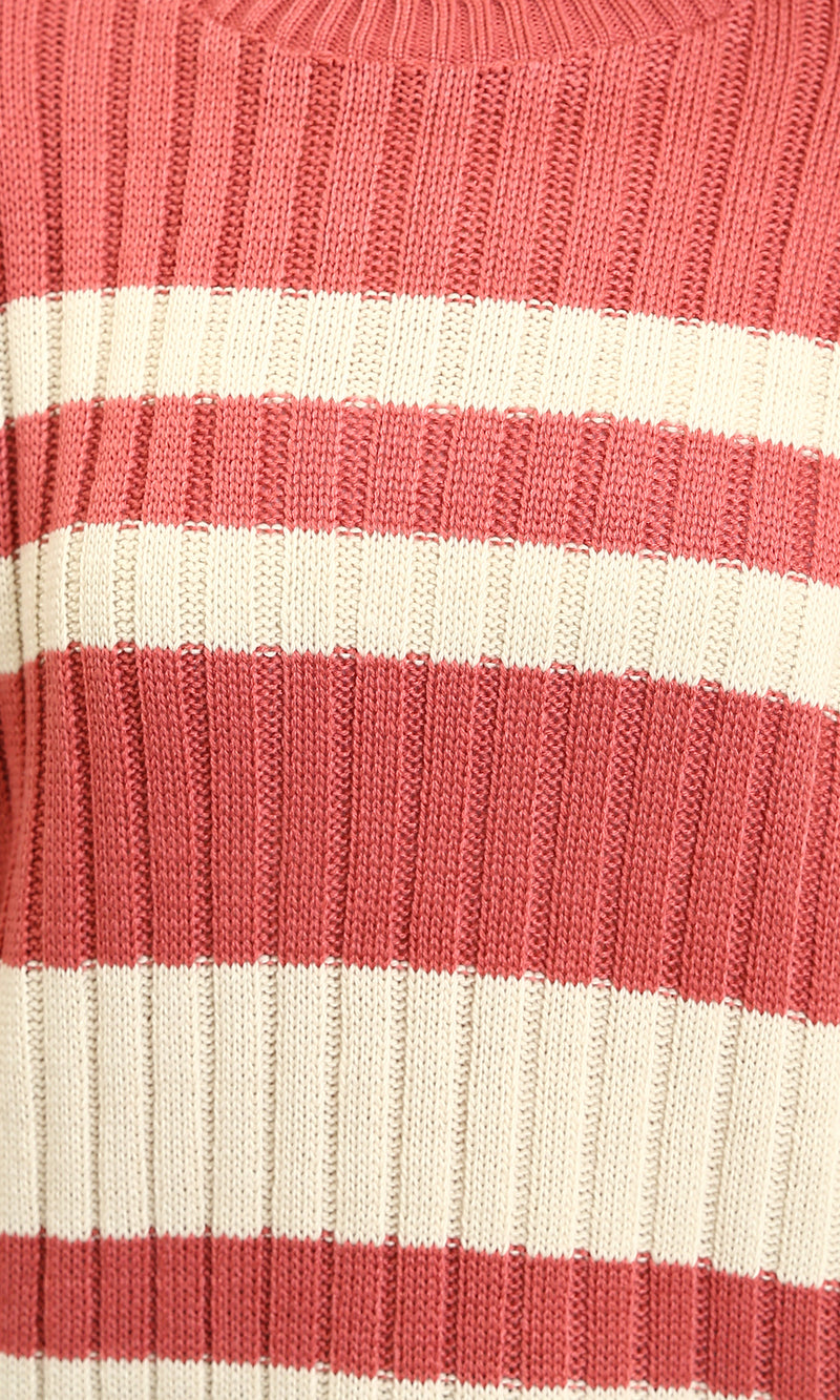 R215287 - Ribbed Crew Neck Striped Pullover - Watermelon & White