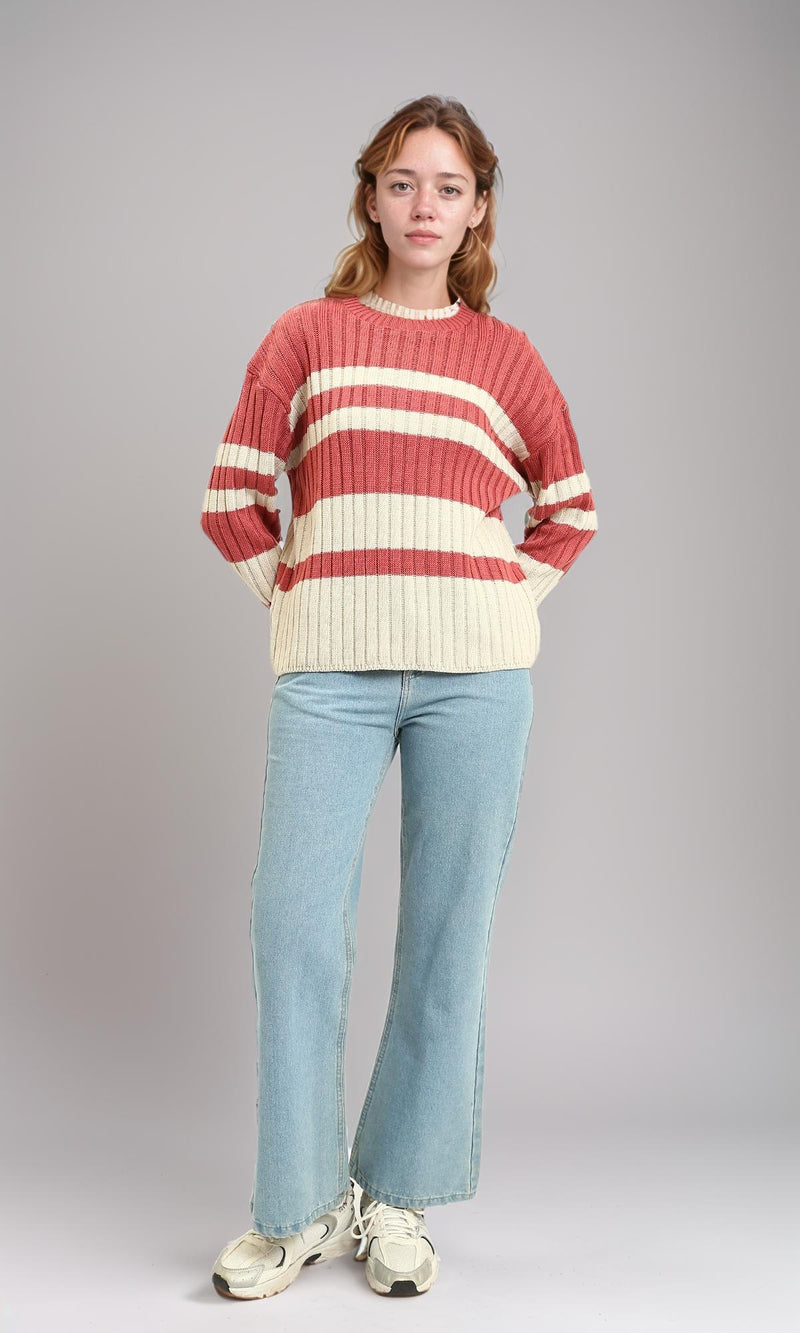 R215287 - Ribbed Crew Neck Striped Pullover - Watermelon & White