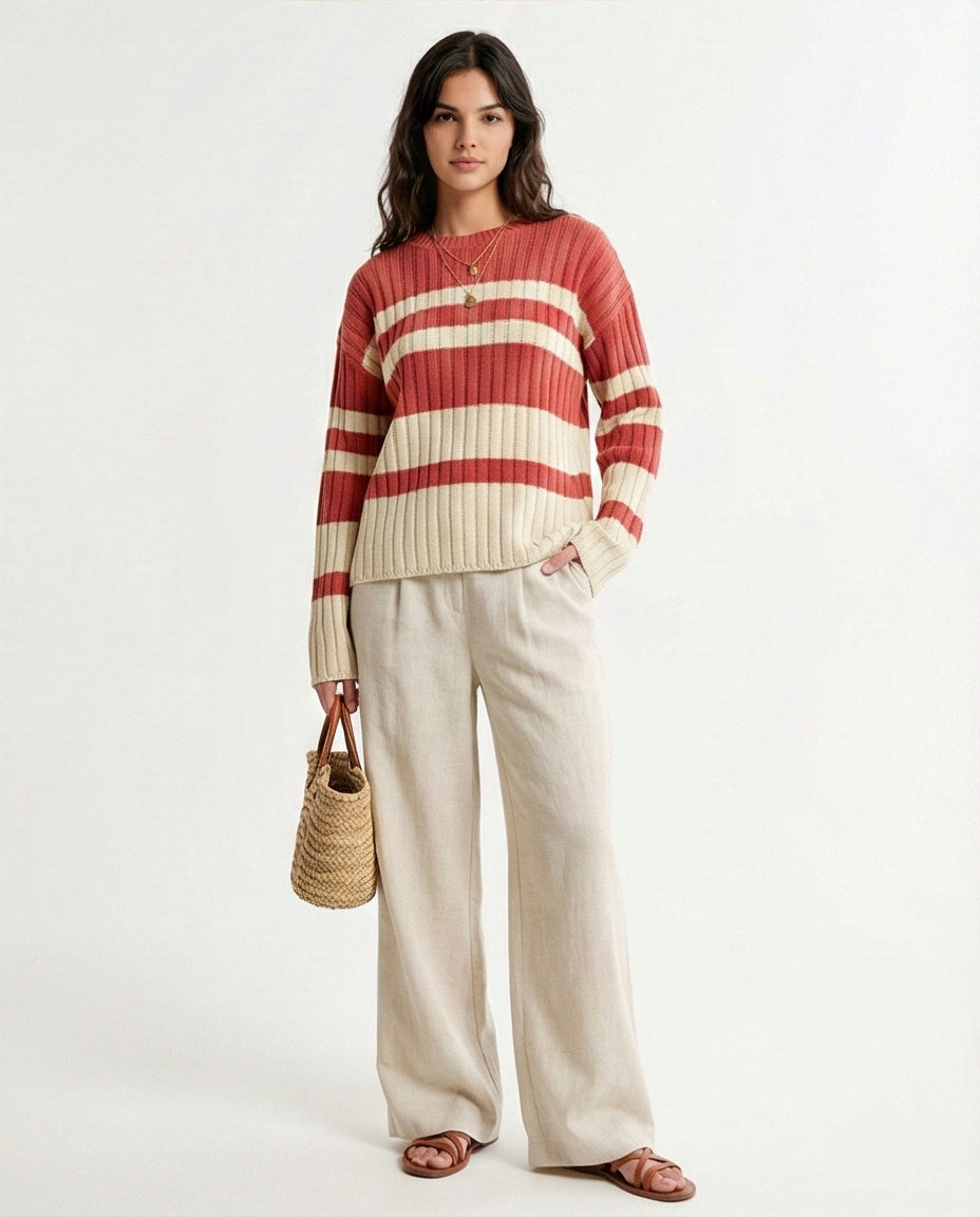 Ribbed Crew Neck Striped Pullover - Watermelon & White - R215287