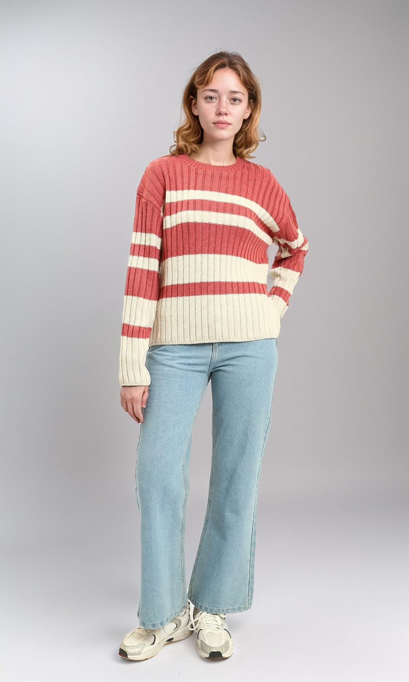 R215287 - Ribbed Crew Neck Striped Pullover - Watermelon & White