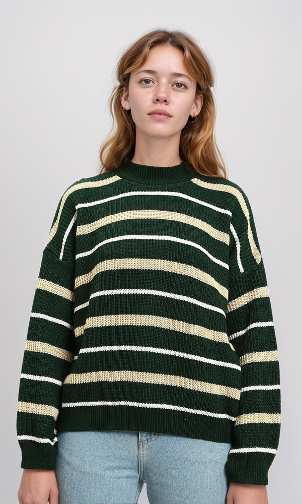 R215288 - Tri-Tone Striped Winter Pullover - Dark Green, White & Beige