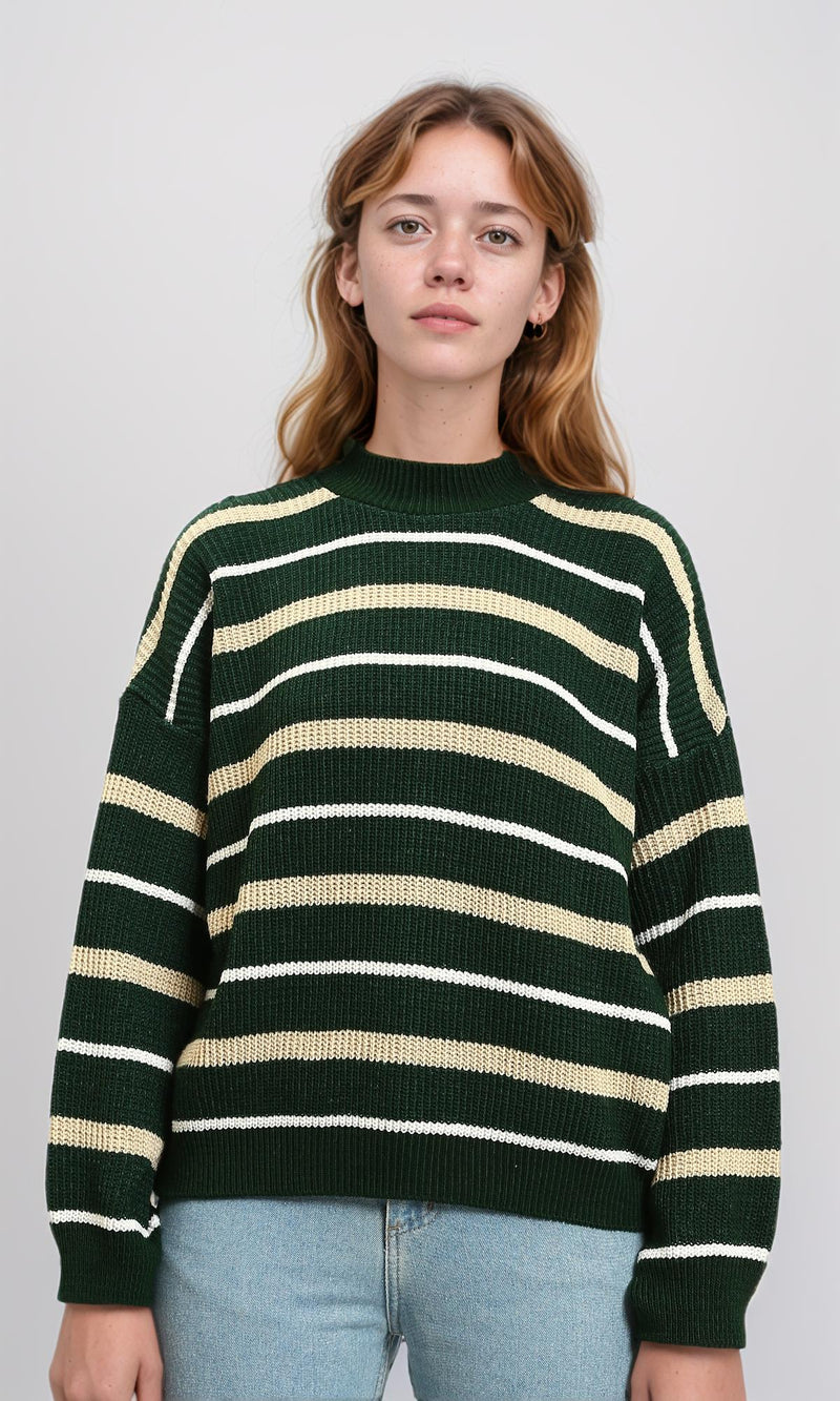 R215288 - Tri-Tone Striped Winter Pullover - Dark Green, White & Beige