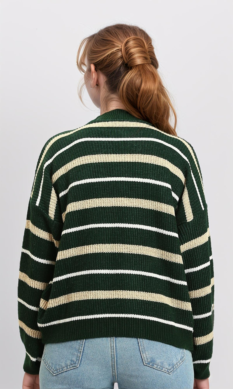 R215288 - Tri-Tone Striped Winter Pullover - Dark Green, White & Beige