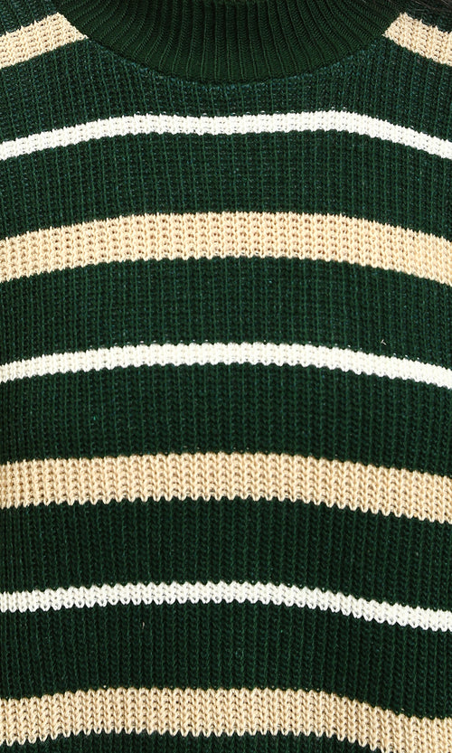 R215288 - Tri-Tone Striped Winter Pullover - Dark Green, White & Beige