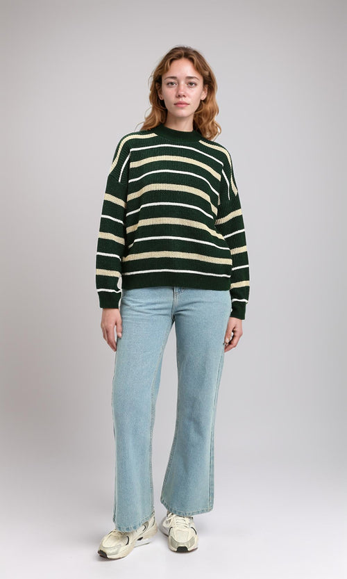 R215288 - Tri-Tone Striped Winter Pullover - Dark Green, White & Beige