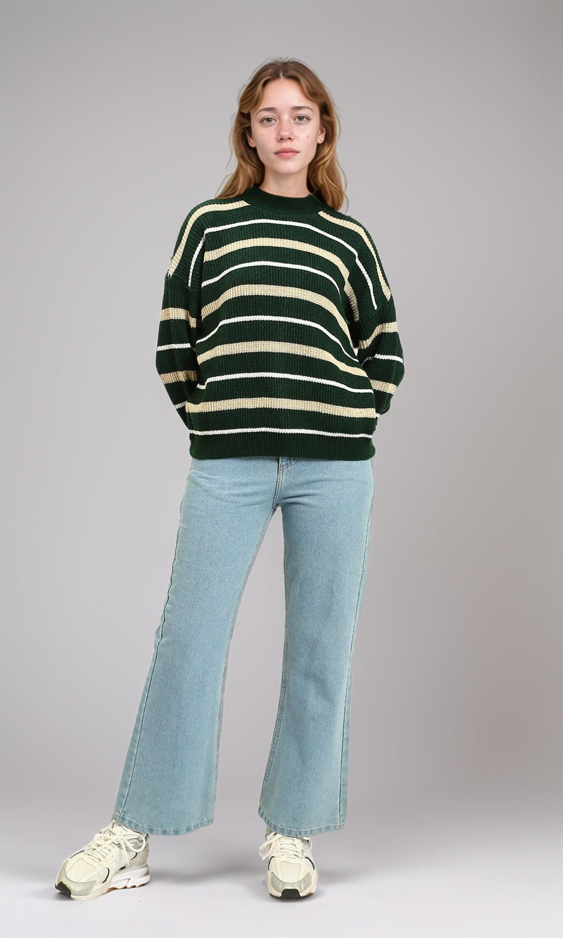 R215288 - Tri-Tone Striped Winter Pullover - Dark Green, White & Beige