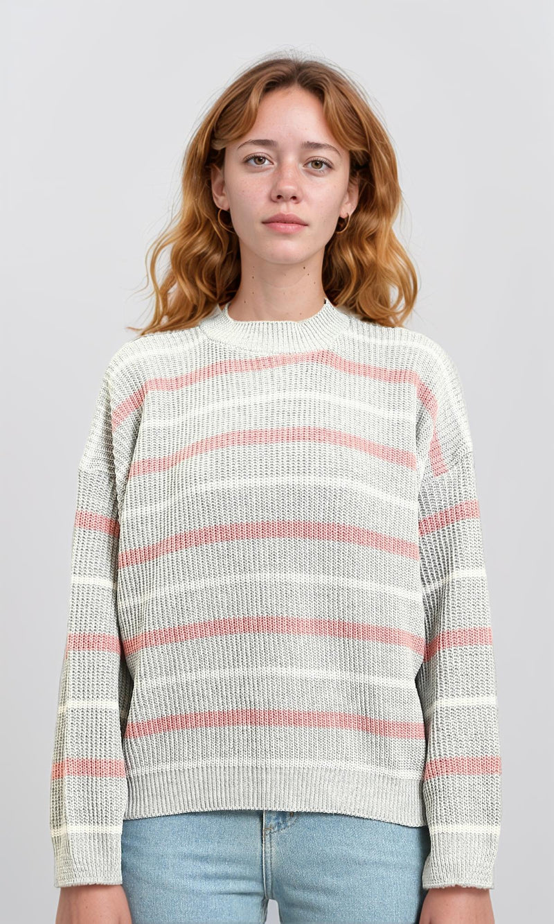 R215289 - Tri-Tone Striped Winter Pullover - Dark Pink, White & Grey