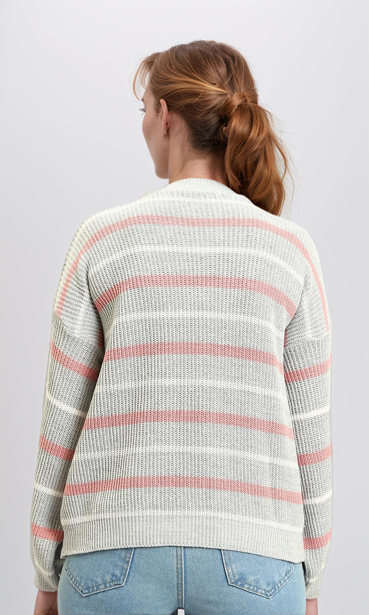 R215289 - Tri-Tone Striped Winter Pullover - Dark Pink, White & Grey