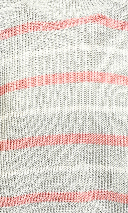 R215289 - Tri-Tone Striped Winter Pullover - Dark Pink, White & Grey