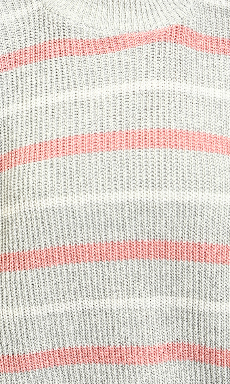 R215289 - Tri-Tone Striped Winter Pullover - Dark Pink, White & Grey