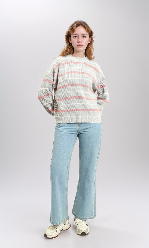 R215289 - Tri-Tone Striped Winter Pullover - Dark Pink, White & Grey
