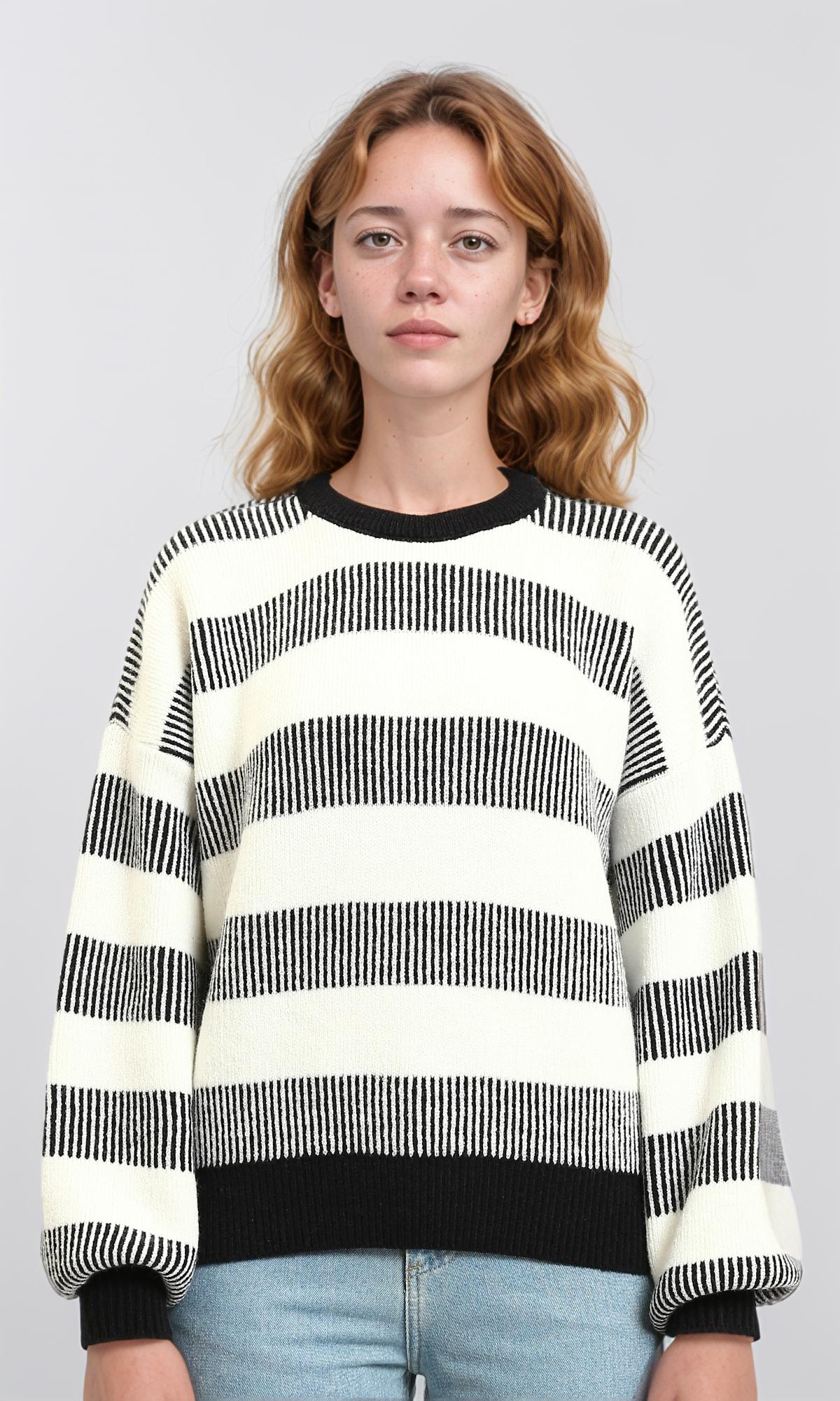 Crew Neck Striped Casual Sweater - Black & White