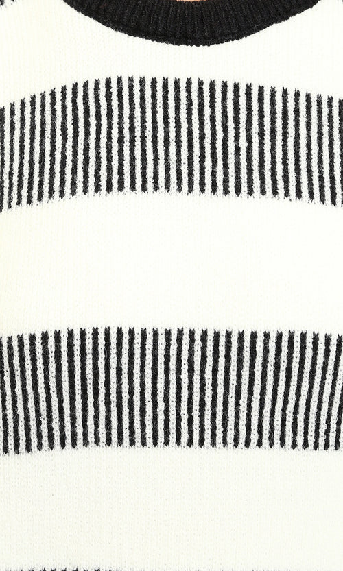 R215290 - Crew Neck Striped Casual Sweater - Black & White