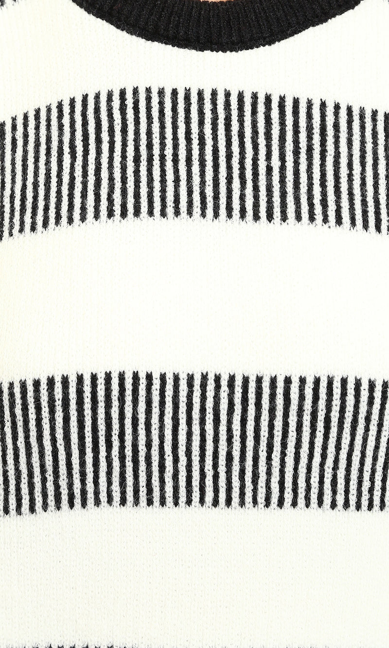R215290 - Crew Neck Striped Casual Sweater - Black & White