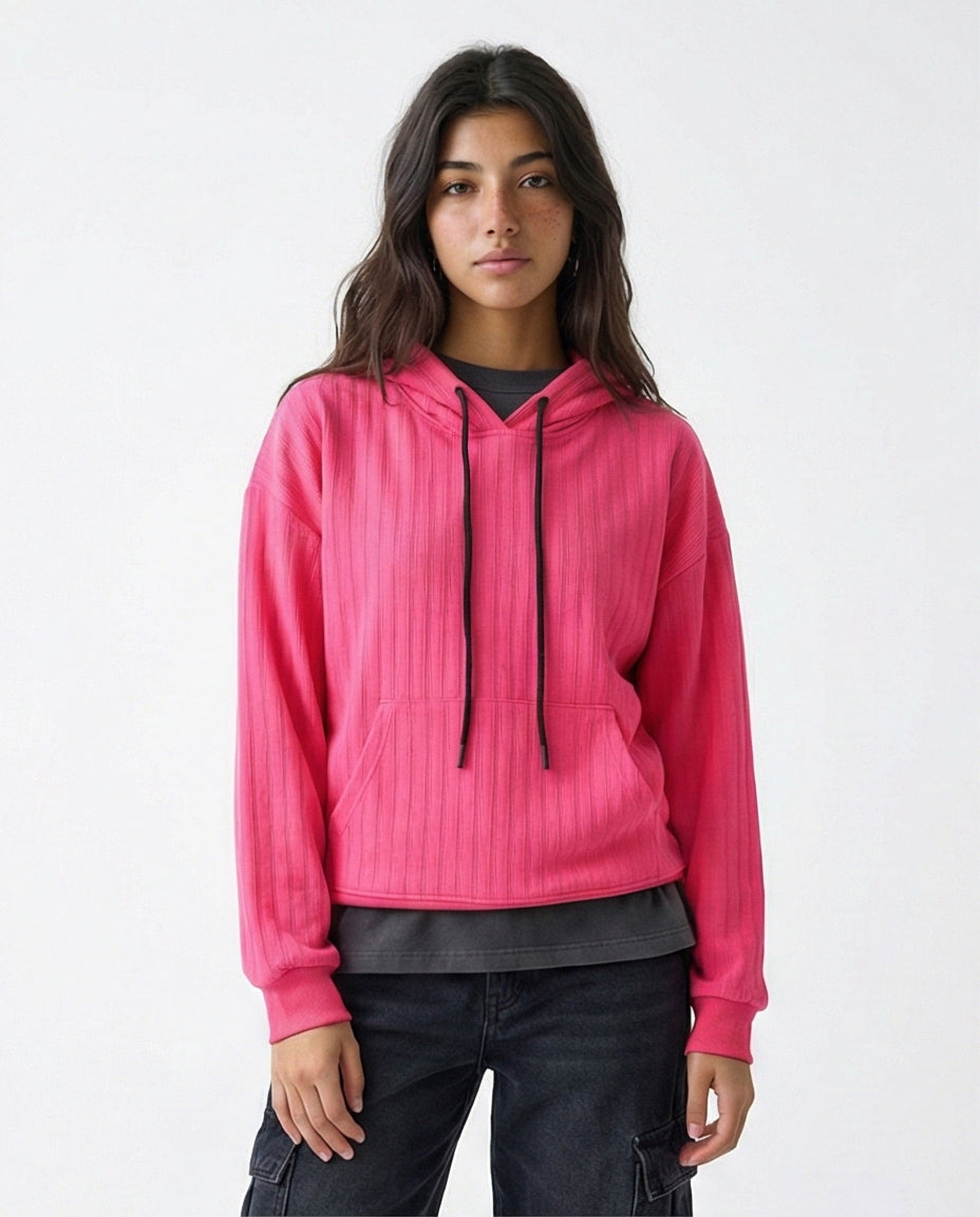 Regular Fit Striped Casual Hoodie - Hot Fuchsia