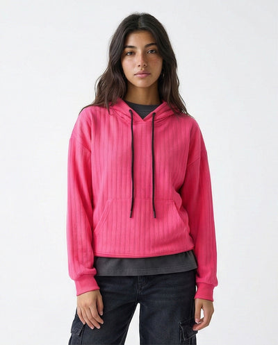 Regular Fit Striped Casual Hoodie - Hot Fuchsia