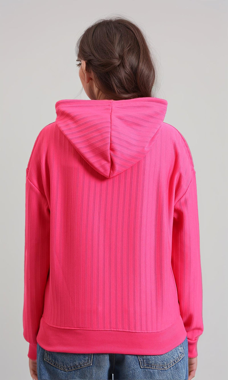 R215296 - Regular Fit Striped Casual Hoodie - Hot Fuchsia
