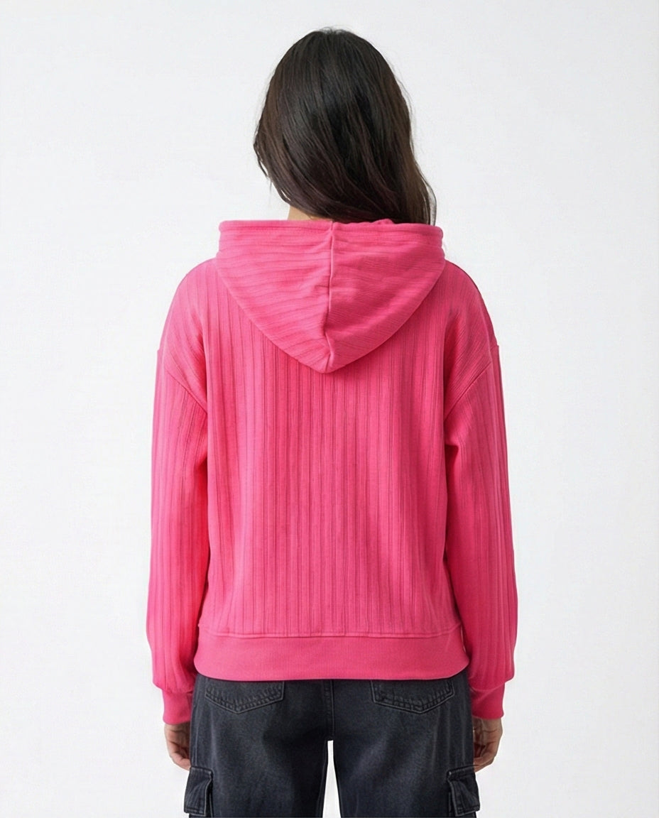 R215296 - Regular Fit Striped Casual Hoodie - Hot Fuchsia