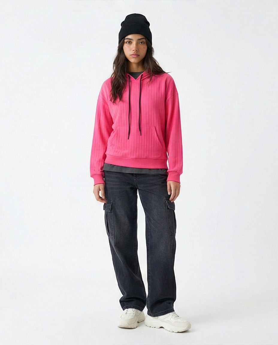 R215296 - Regular Fit Striped Casual Hoodie - Hot Fuchsia