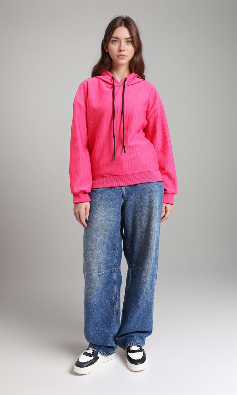 R215296 - Regular Fit Striped Casual Hoodie - Hot Fuchsia