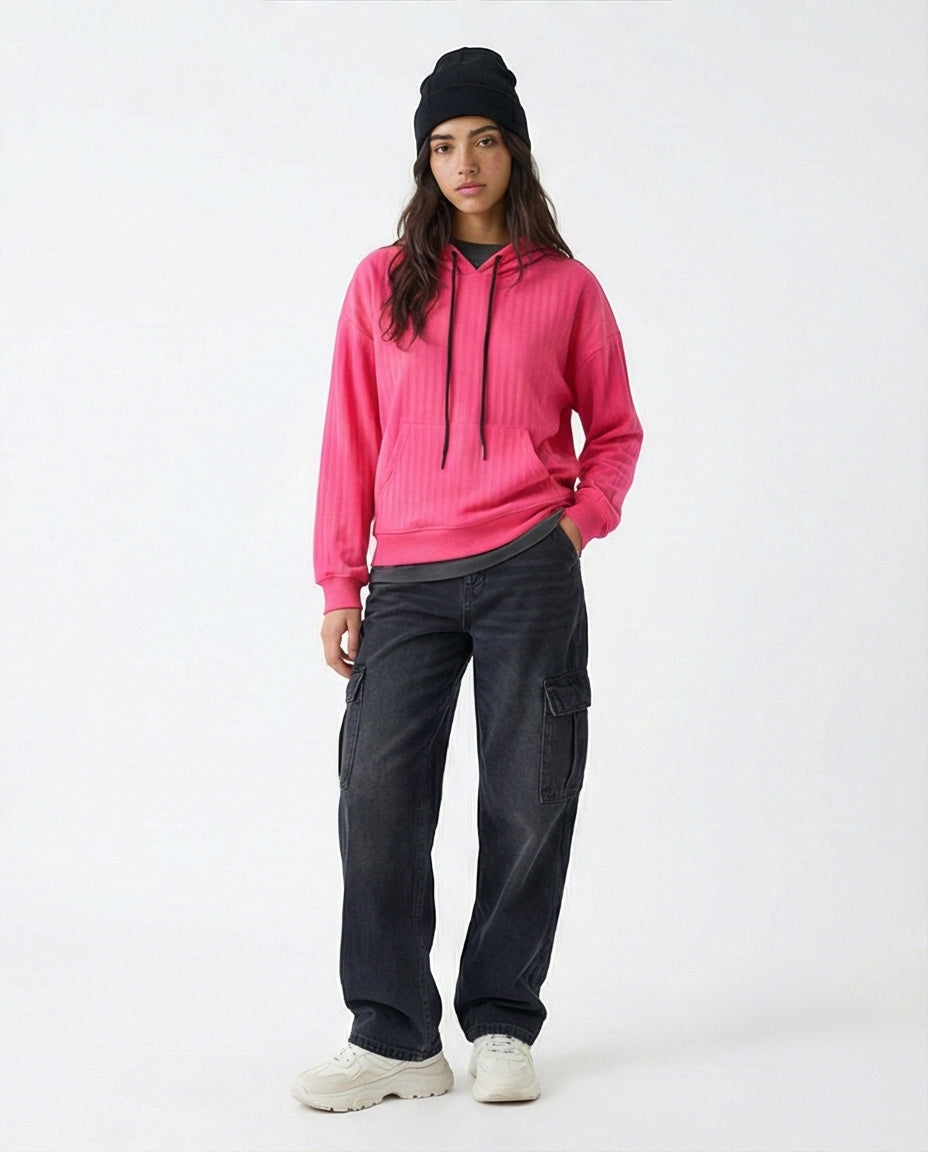 R215296 - Regular Fit Striped Casual Hoodie - Hot Fuchsia