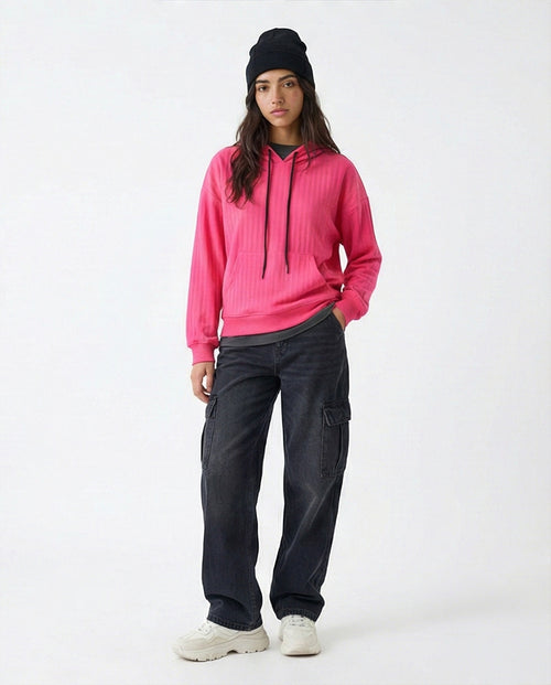 R215296 - Regular Fit Striped Casual Hoodie - Hot Fuchsia