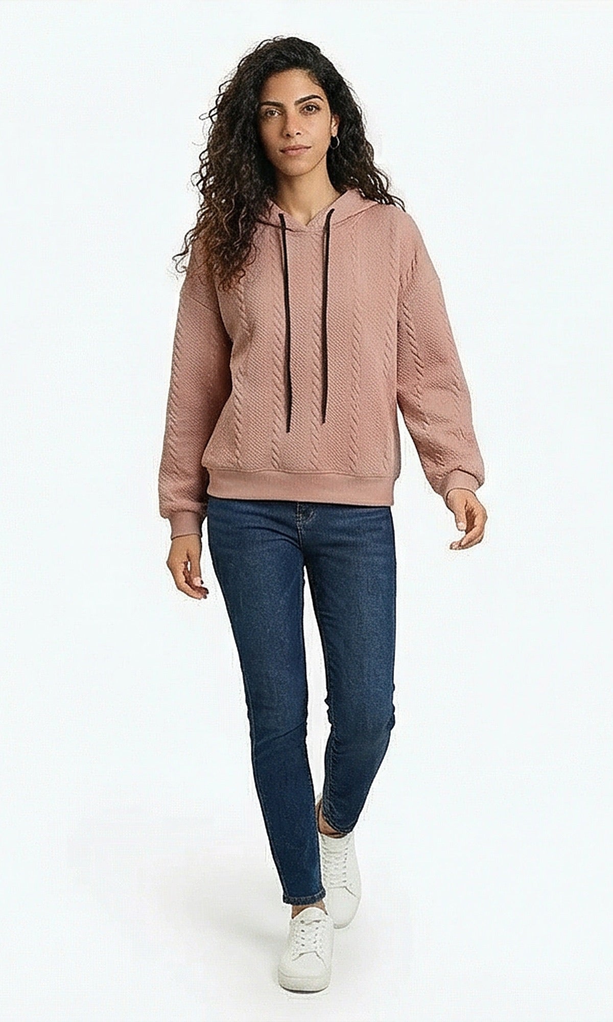Textured Pullover Hoodie with Contrast Drawstring