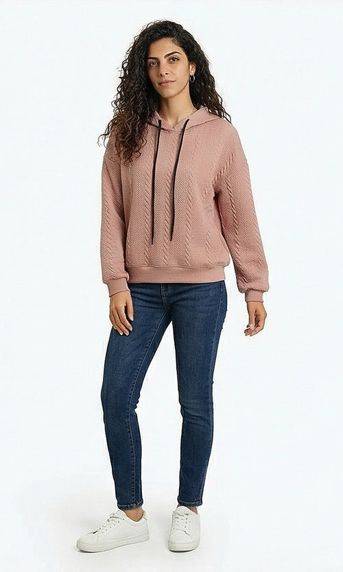 Textured Pullover Hoodie with Contrast Drawstring
