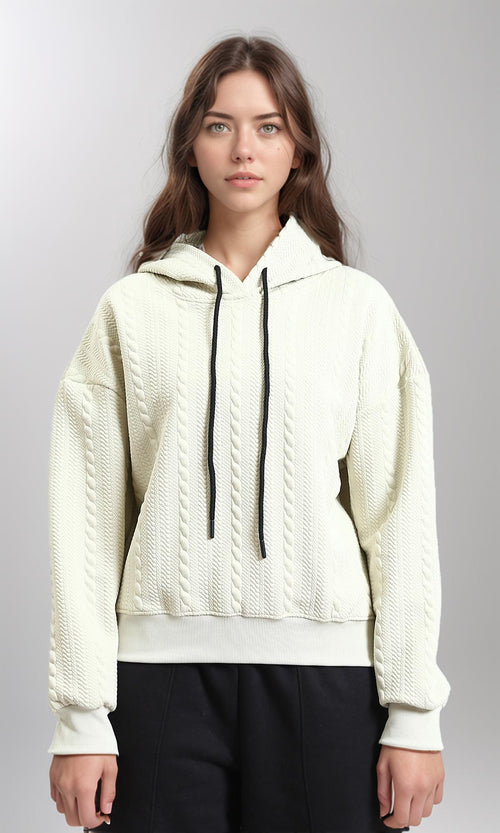 R215298 - Self Pattern Slip On Winter Hoodie - Cream