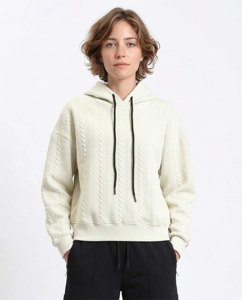 Unisex Oversized Cable-Knit Textured Hoodie with Contrast Drawstrings - Cream