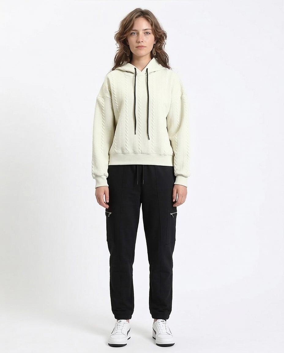 Ravin Unisex Oversized Cable-Knit Textured Hoodie with Contrast Drawstrings - Cream - R215298