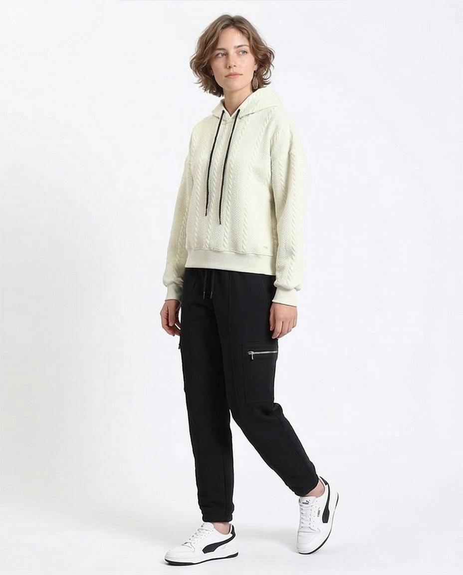 Ravin Unisex Oversized Cable-Knit Textured Hoodie with Contrast Drawstrings - Cream - R215298