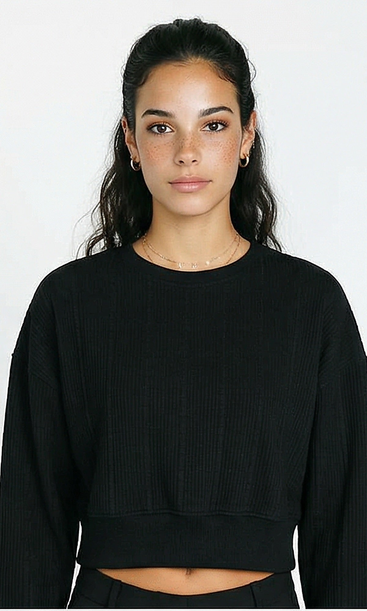 Casual Self Striped Cropped Sweatshirt - Black