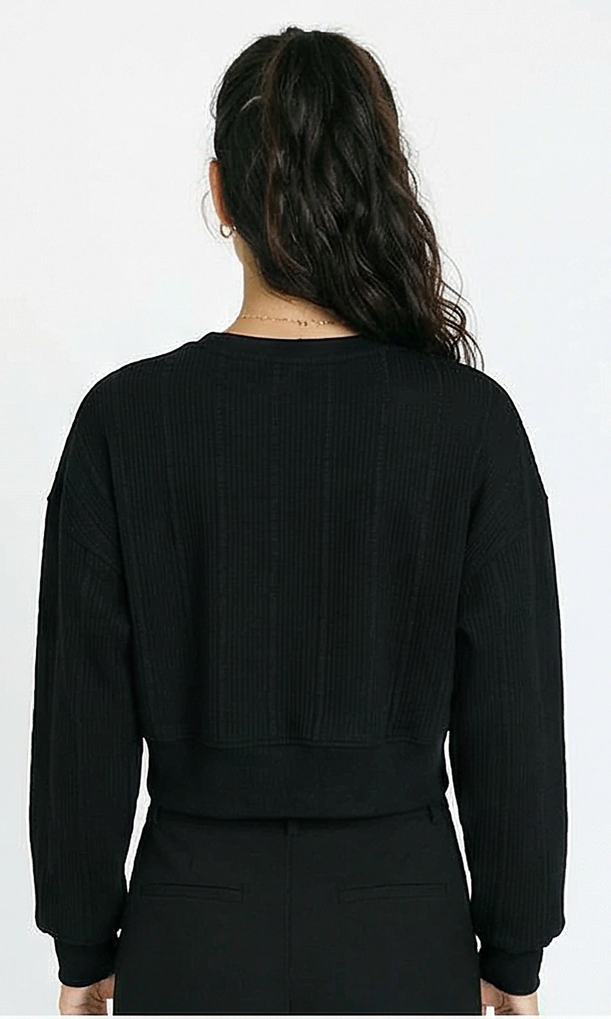 R215300 - Casual Self Striped Cropped Sweatshirt - Black