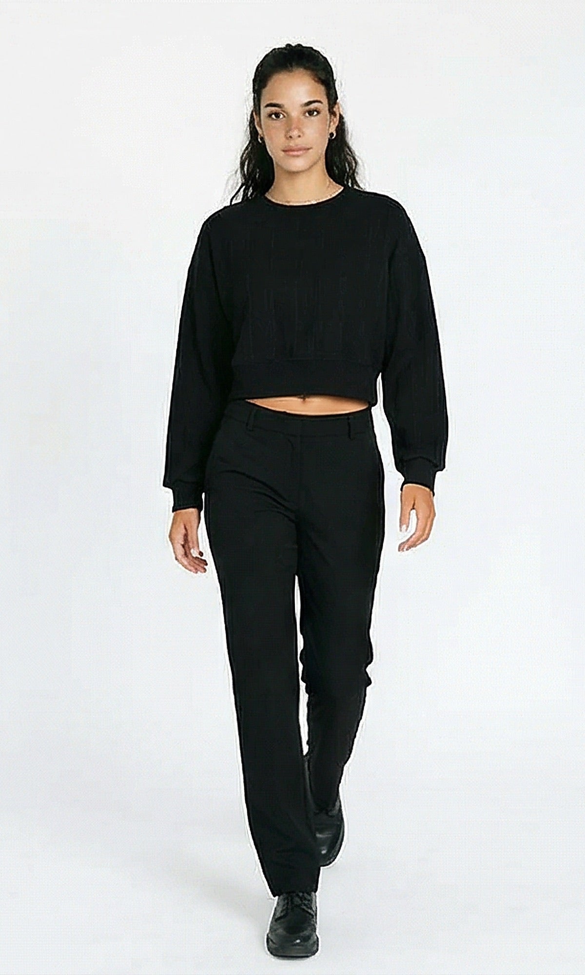 R215300 - Casual Self Striped Cropped Sweatshirt - Black