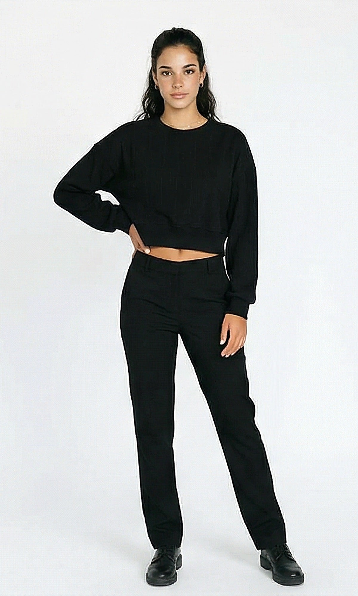 R215300 - Casual Self Striped Cropped Sweatshirt - Black