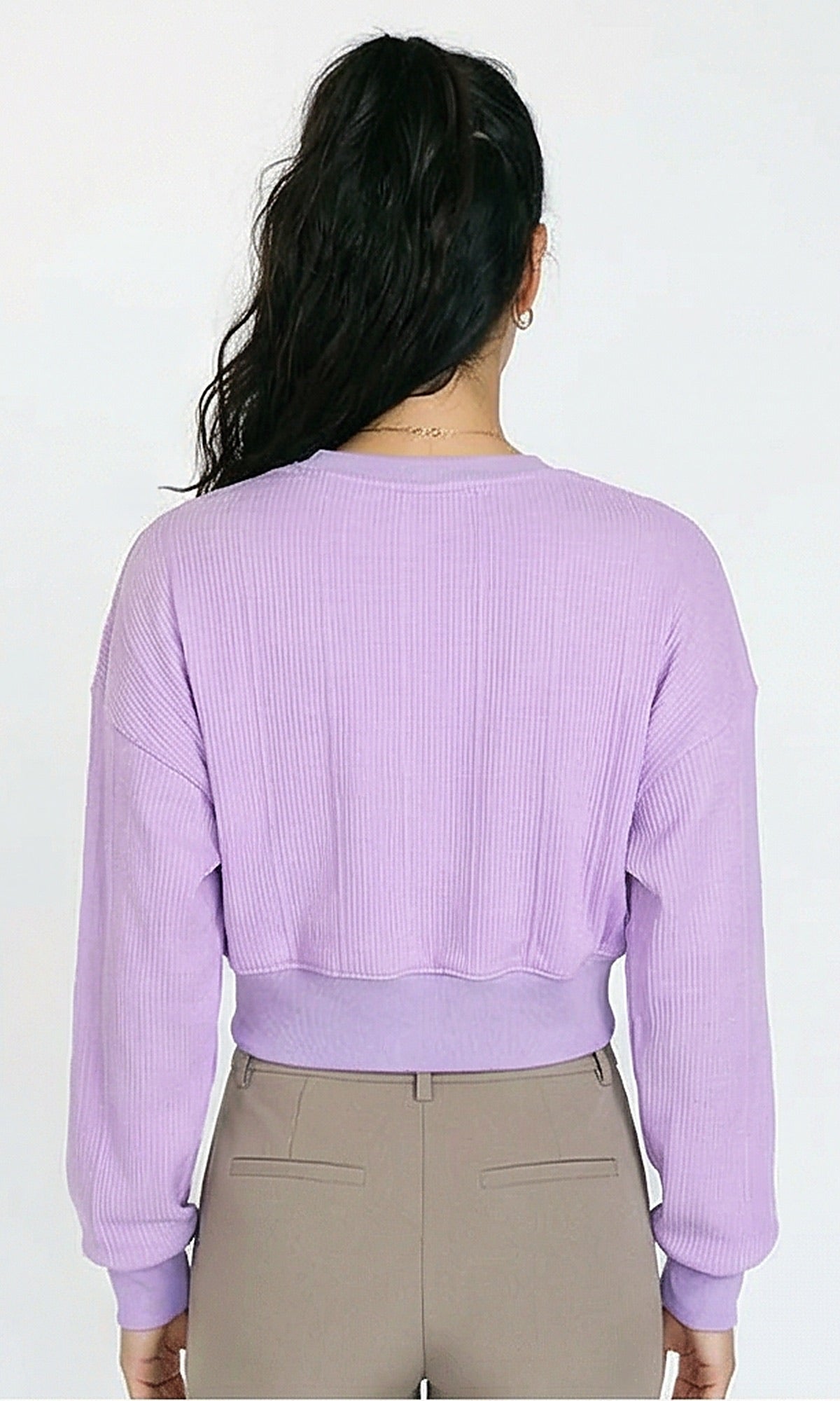 R215301 - Casual Self Striped Cropped Sweatshirt - Light Purple