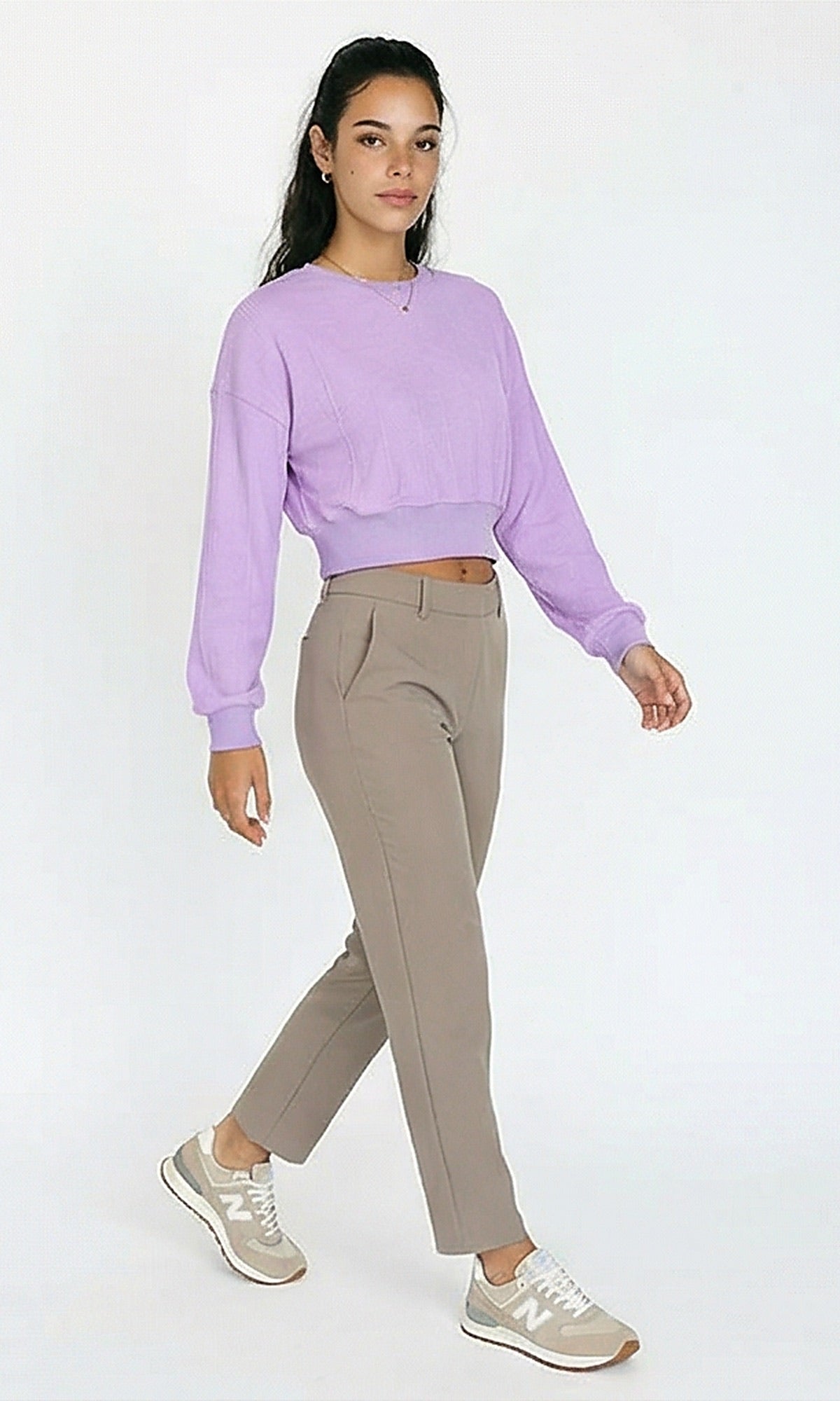 R215301 - Casual Self Striped Cropped Sweatshirt - Light Purple